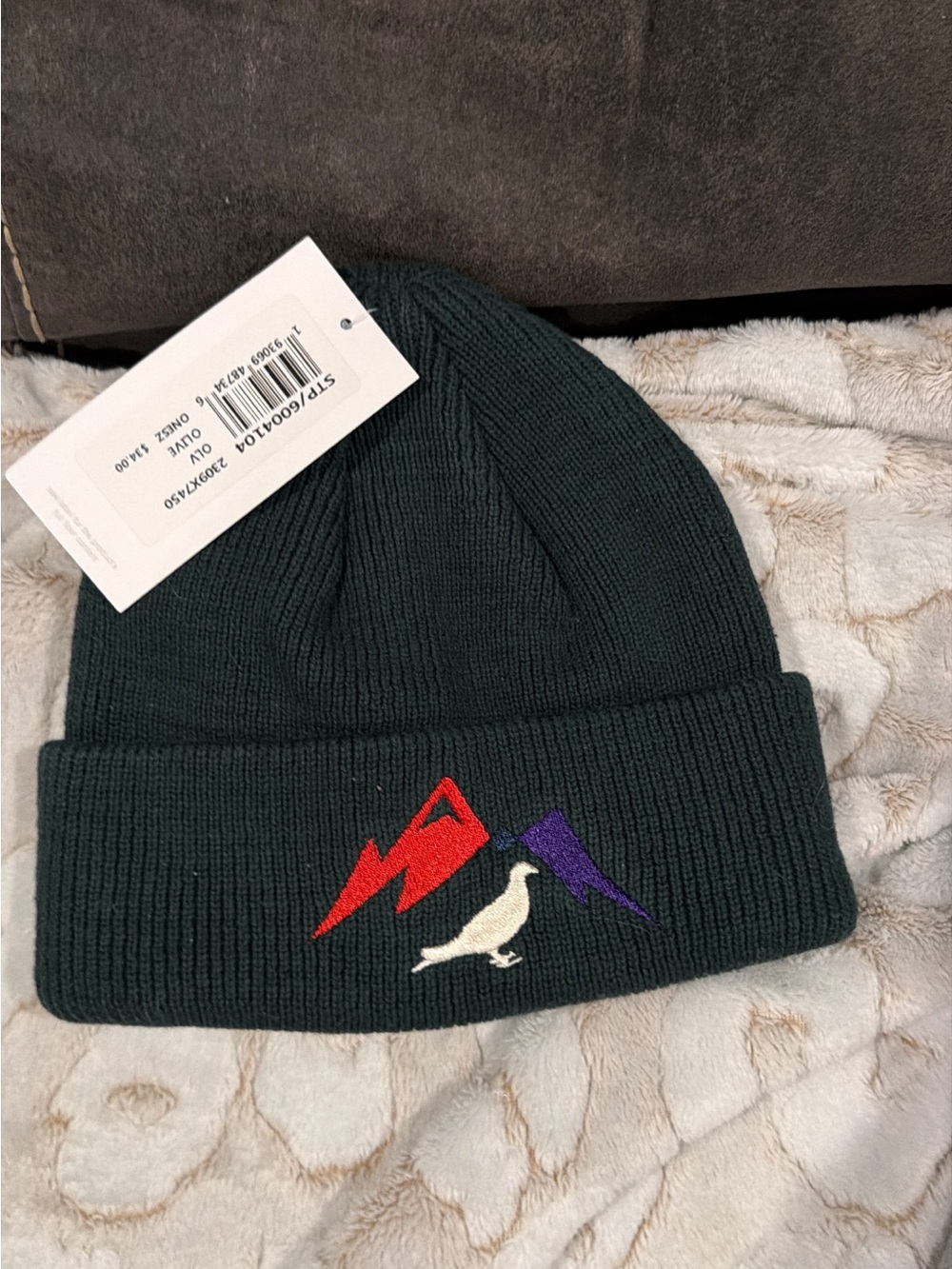 Staples Dark Green Beanie with Red & Purple Mountain Logo